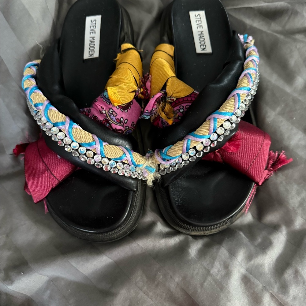 Steve Madden Black and Multicolor Embellished Sandals